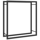 Matt black steel firewood rack measuring 31.5x11x33.9 inches.